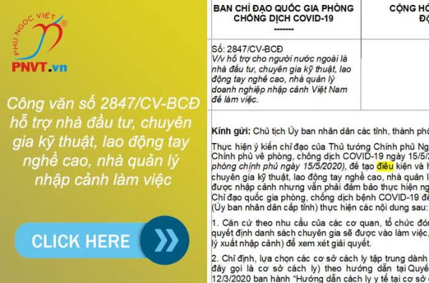 Công văn số 2847/CV-BCĐ hỗ trợ nhà đầu tư, chuyên gia kỹ thuật, lao động tay nghề cao, nhà quản lý nhập cảnh làm việc