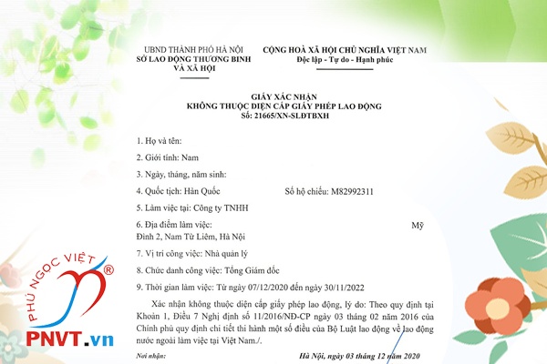Thủ tục xác nhận không thuộc diện cấp giấy phép lao động
